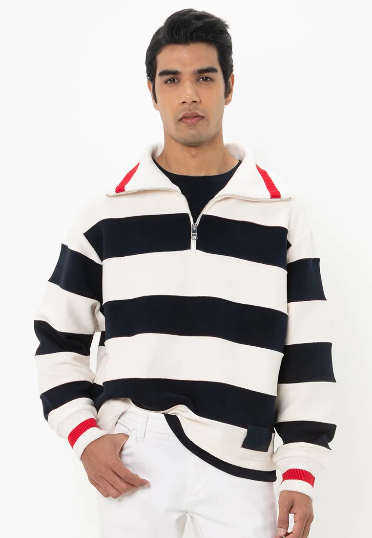 Свитер, полузастежка-молния, полосатый, Tommy Hilfiger, слоновая кость