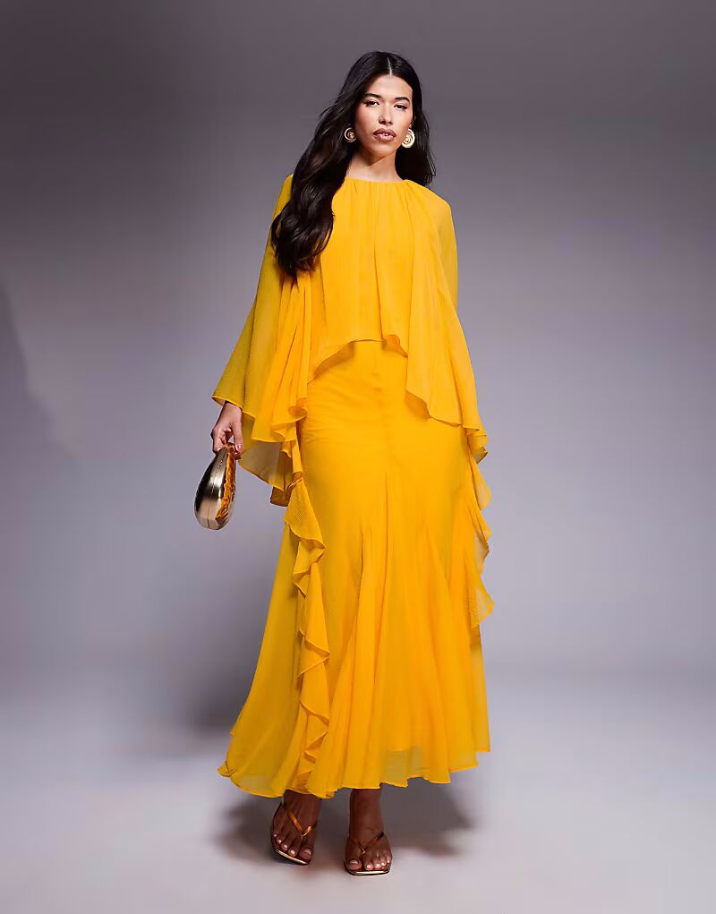 

Длинное платье ASOS DESIGN из шифона с трапециевидным накладным узором и оборками оранжевого цвета