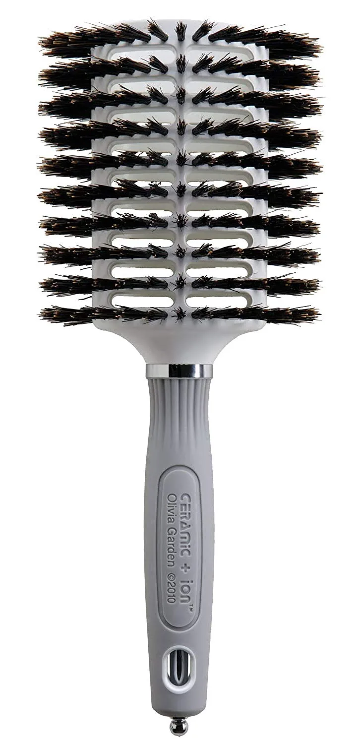 Расческа Olivia Garden Ceramic and Ion Turbo Vent из 100% натуральной щетины кабана с разделителем прядей. 8,9 см x 6,4 см, White / Grey