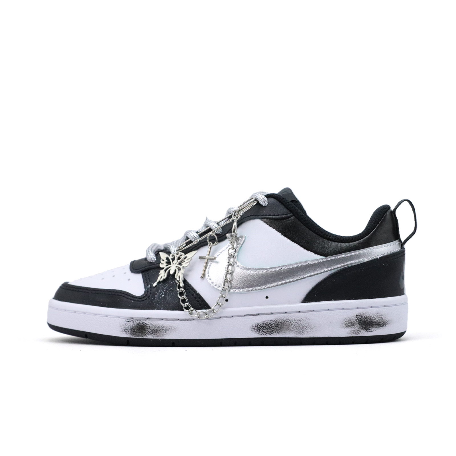 

Nike Court Borough серебряные бабочки цепь тень устойчивые к истиранию низкие скейтерские кроссовки black silver детские