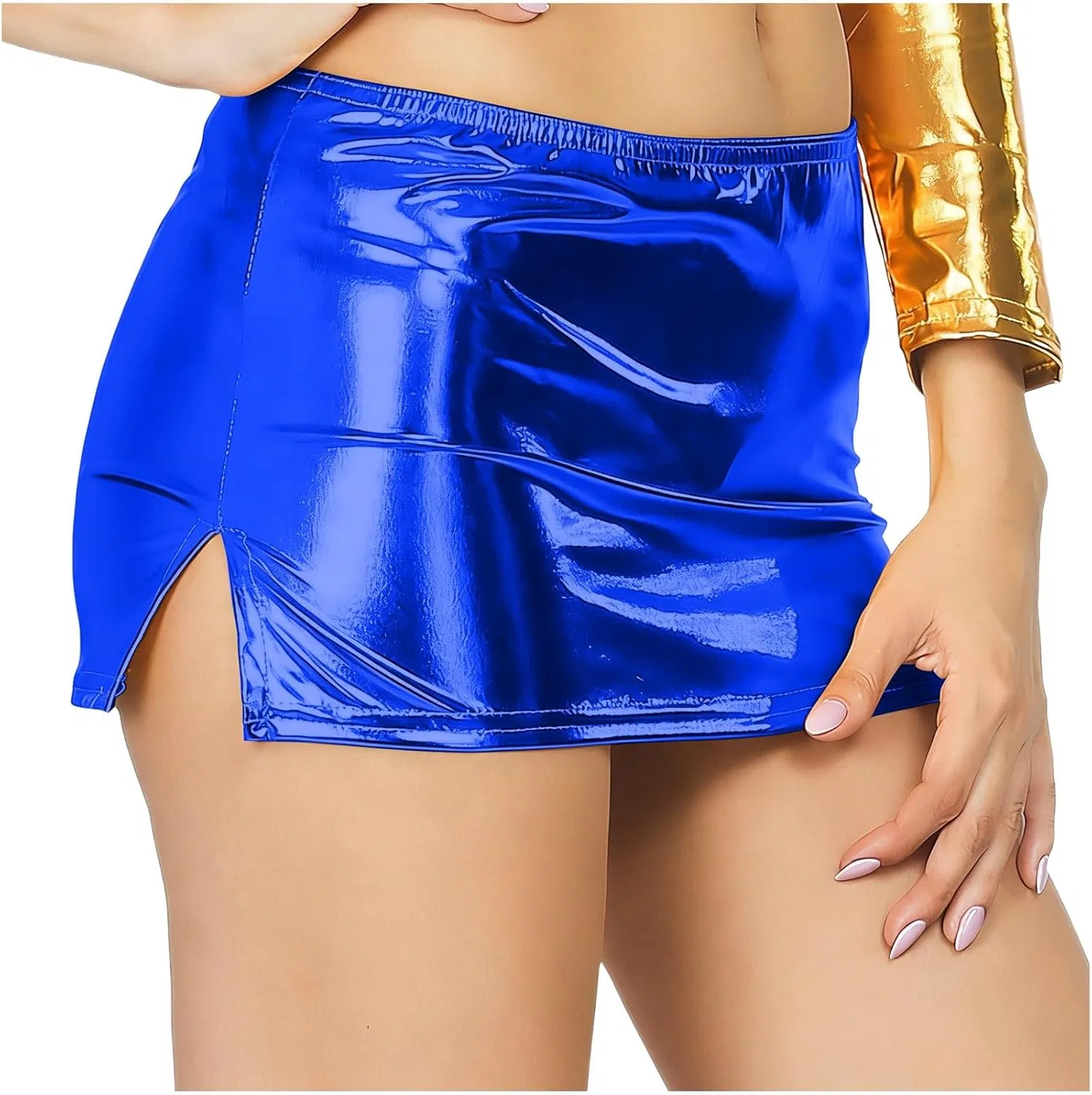 Юбка-карандаш из искусственной кожи с разрезом, Glossy, Dark Blue