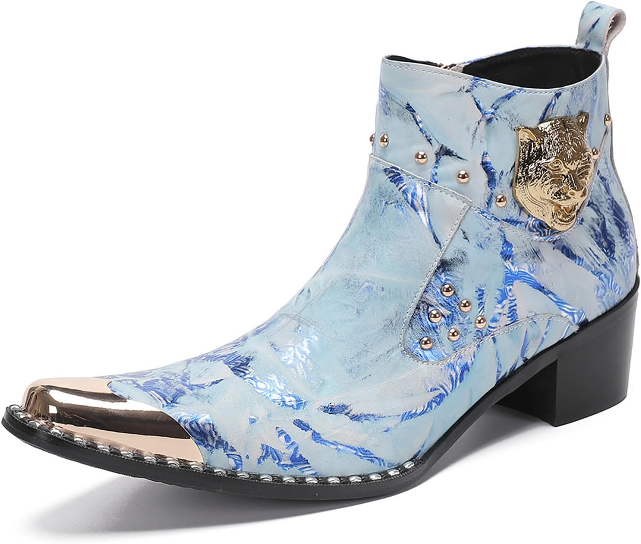 

Мужские повседневные рокерские челси-бутсы Santimon - кожаные вестерн-ковбойские с тигровой головой и граффити-молнией для вечеринок, певцов и баров, голубой