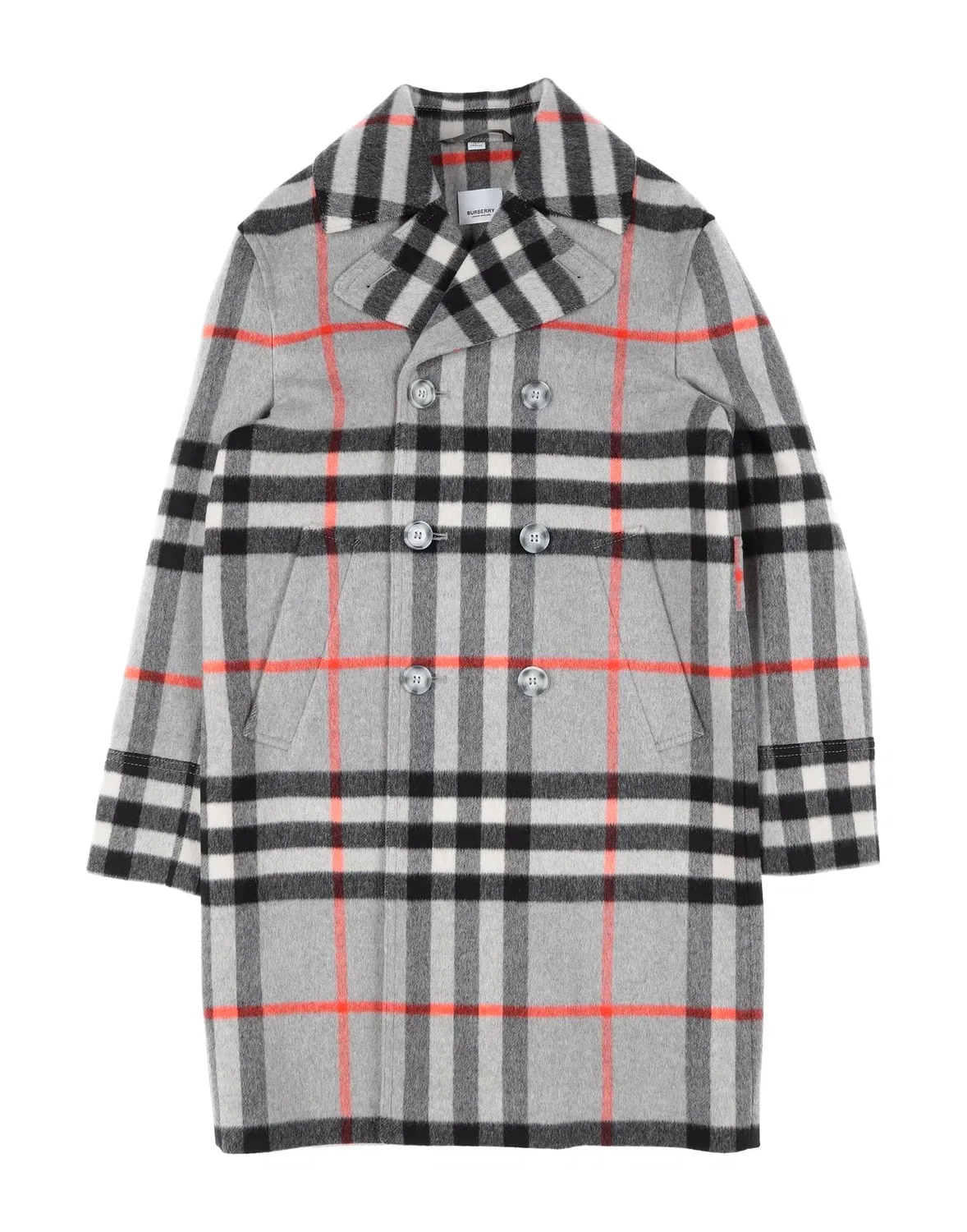 Пальто двубортное с дизайнерским мотивом BURBERRY серое