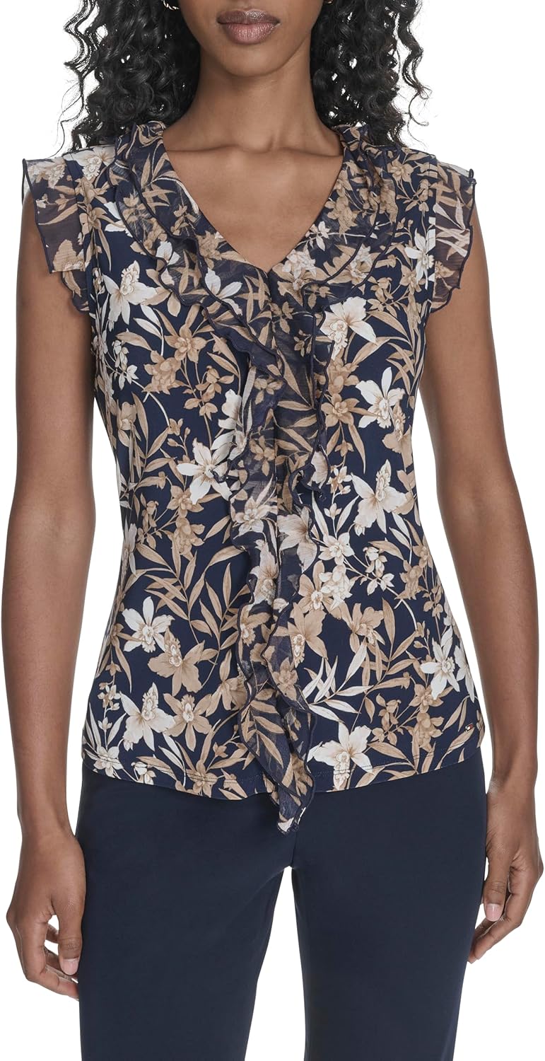 

Женская блузка без рукавов Tommy Hilfiger с рюшами спереди из микс-медиа, Midnight/Tigers Eye