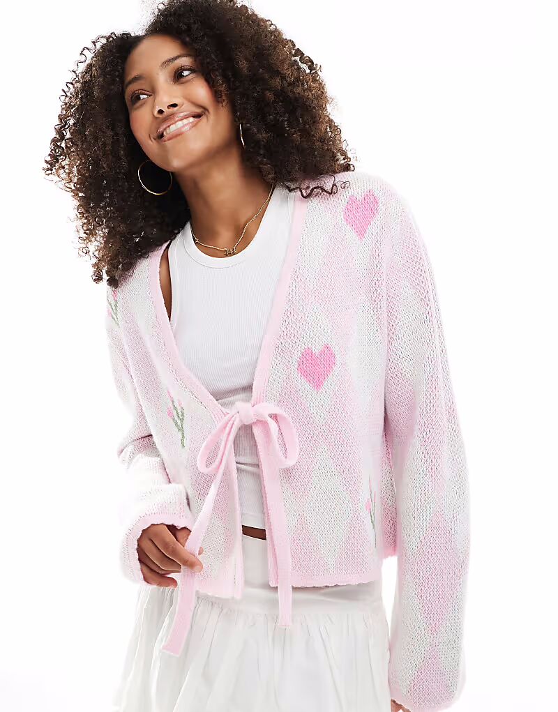 

Кардиган Miss Selfridge с ромбовидной вязкой розового цвета