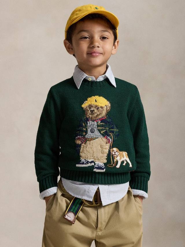 

Детский свитер с медведем из хлопка с воротником-поло Ralph Lauren, Moss Agate