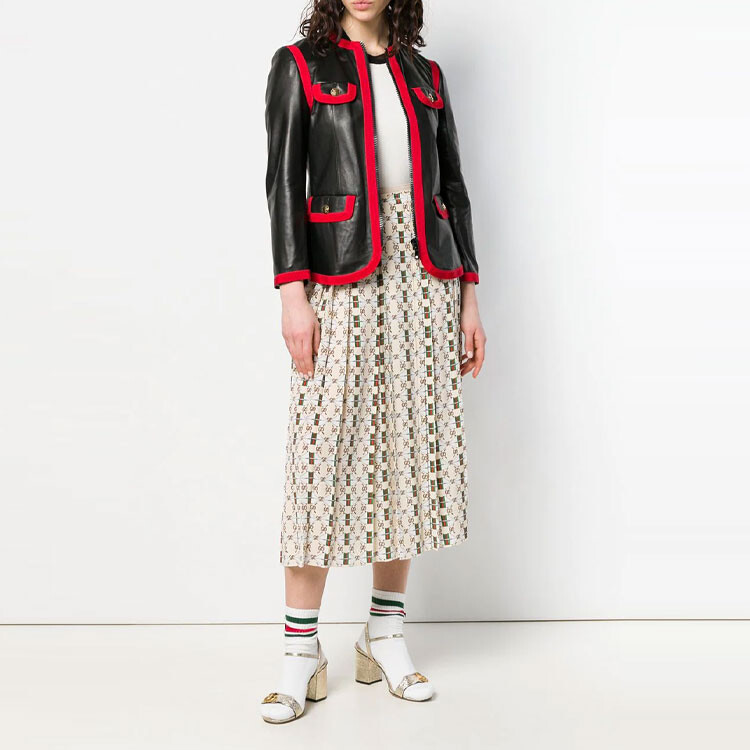 Женская кожаная куртка Gucci Классическая, натуральная овчина, черный/красный — фото 2