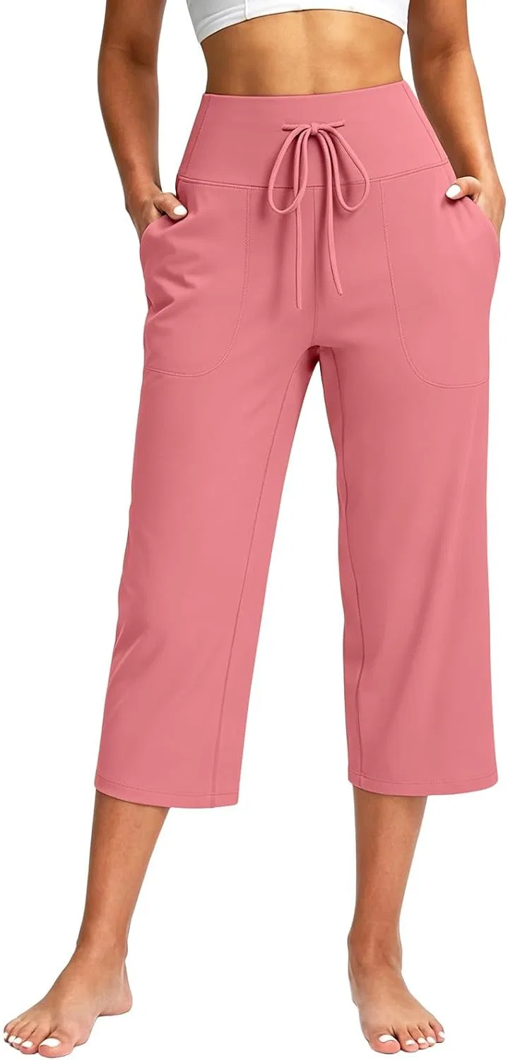 Капри для йоги женские, широкие брюки с карманами, Hot Pink
