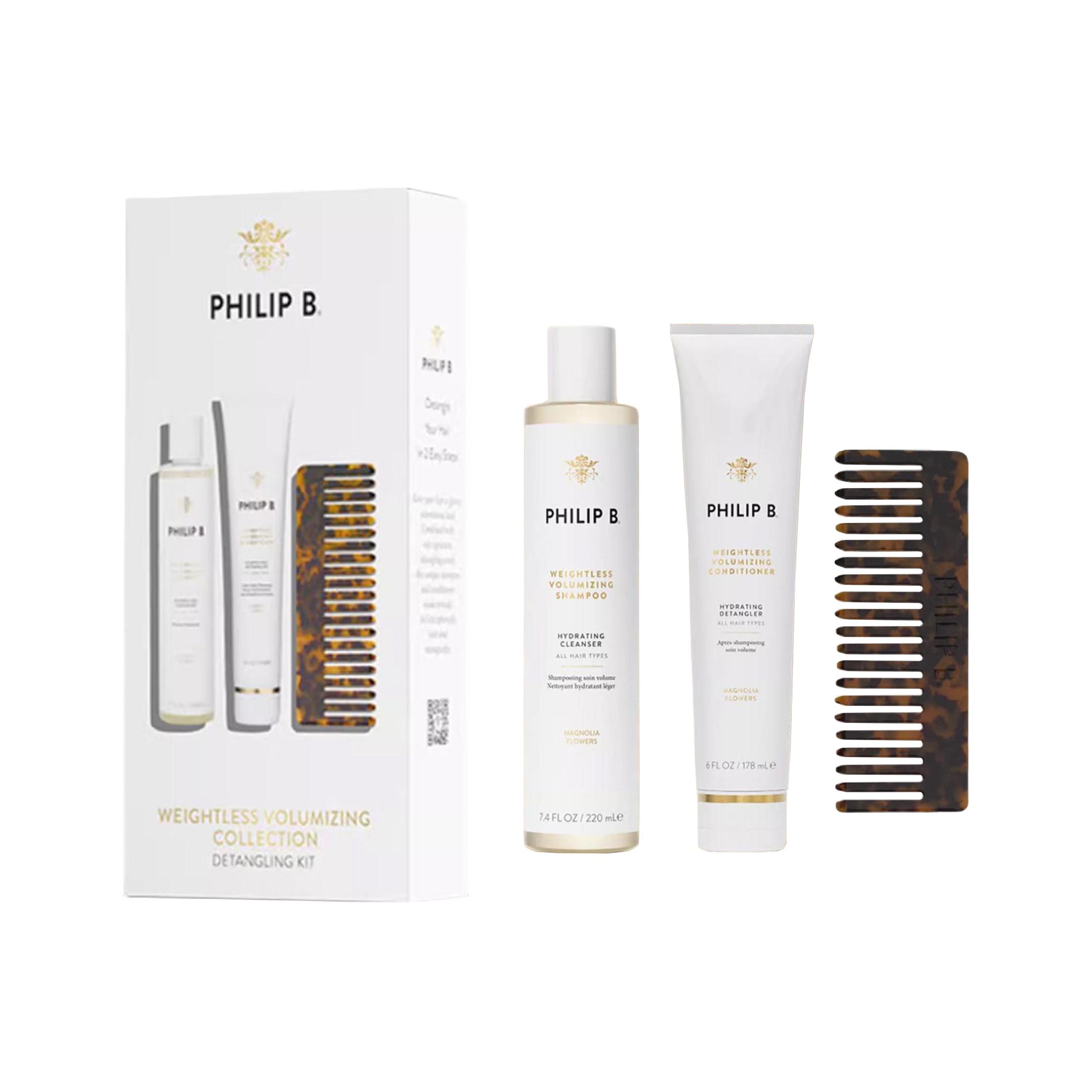 

Облегчающий, придающий объем и увлажняющий набор шампуня и кондиционера восстанавливающий и питательный 178мл+220мл+расческа PHILIP B