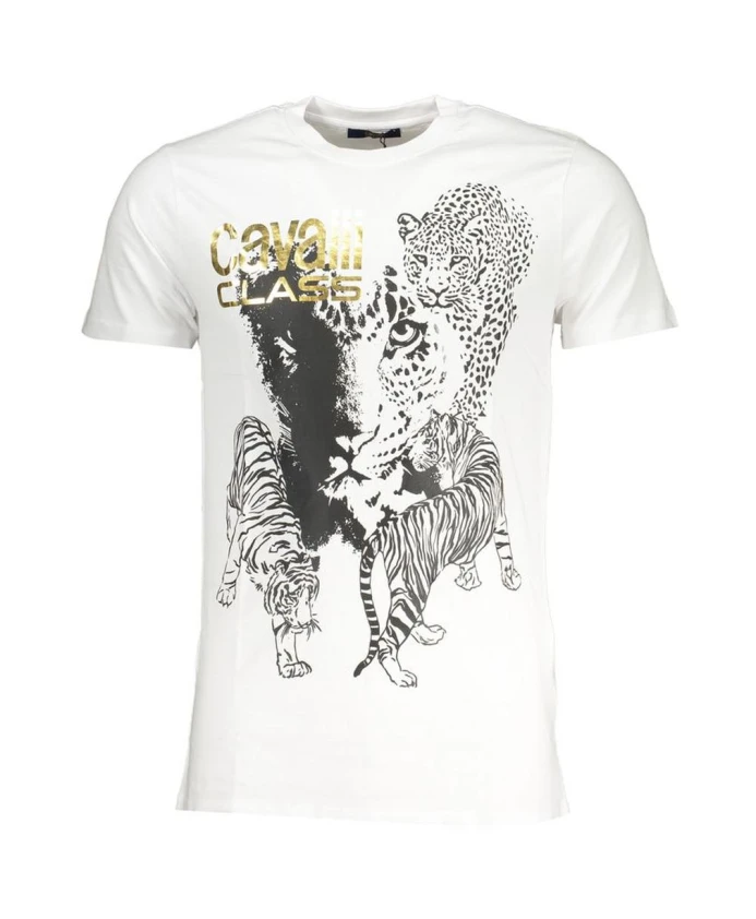 

Белая футболка с животным принтом и круглым вырезом. Cavalli Class, белый
