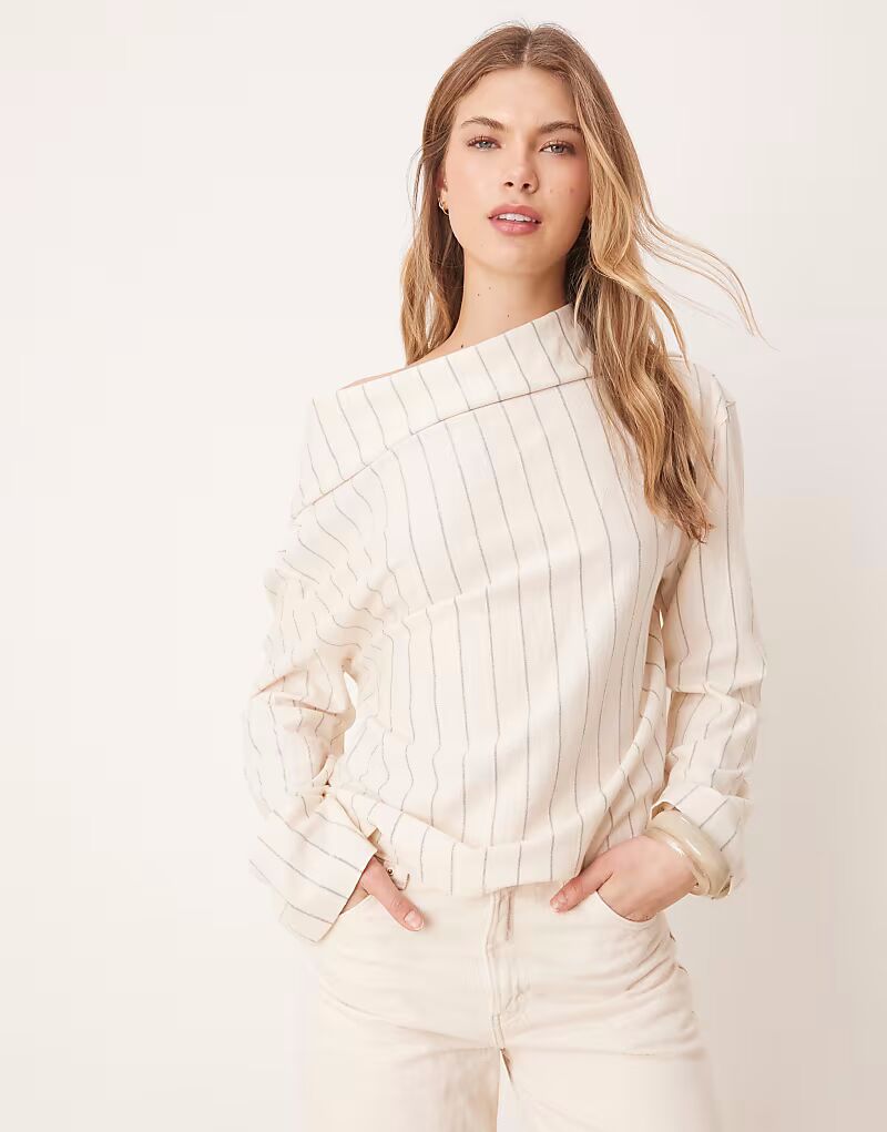 

Топ ASOS DESIGN с открытыми плечами и длинными рукавами в тонкую кремовую полоску