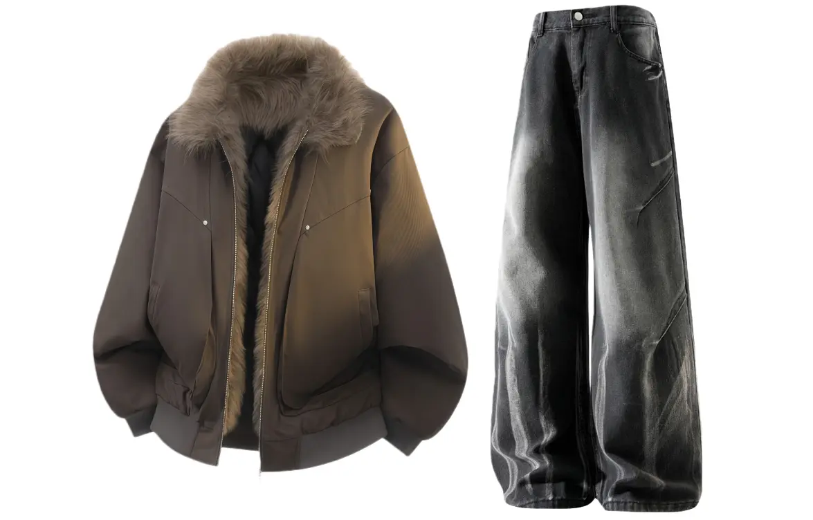 

Повседневный спортивный костюм Unisex с воротником стойкой утепленный X1617, коричневый puffer jacket+черный pants