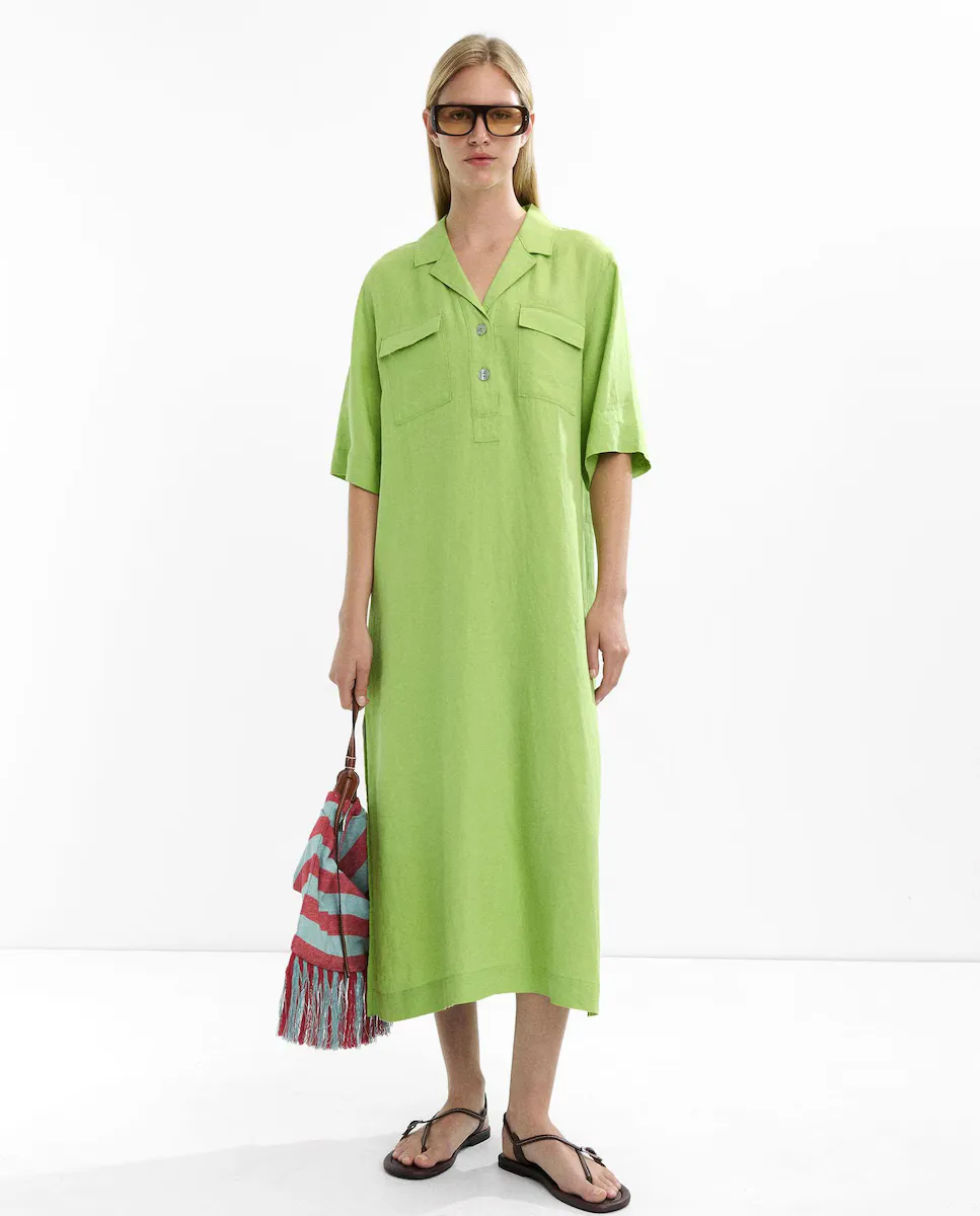 

Платье 100% лен с французским рукавом и декоративными карманами Parfois, зеленый