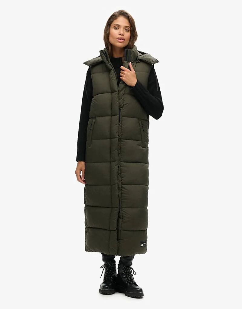 

Удлиненный жилет Superdry из рипстопа с капюшоном в сетку цвета хаки