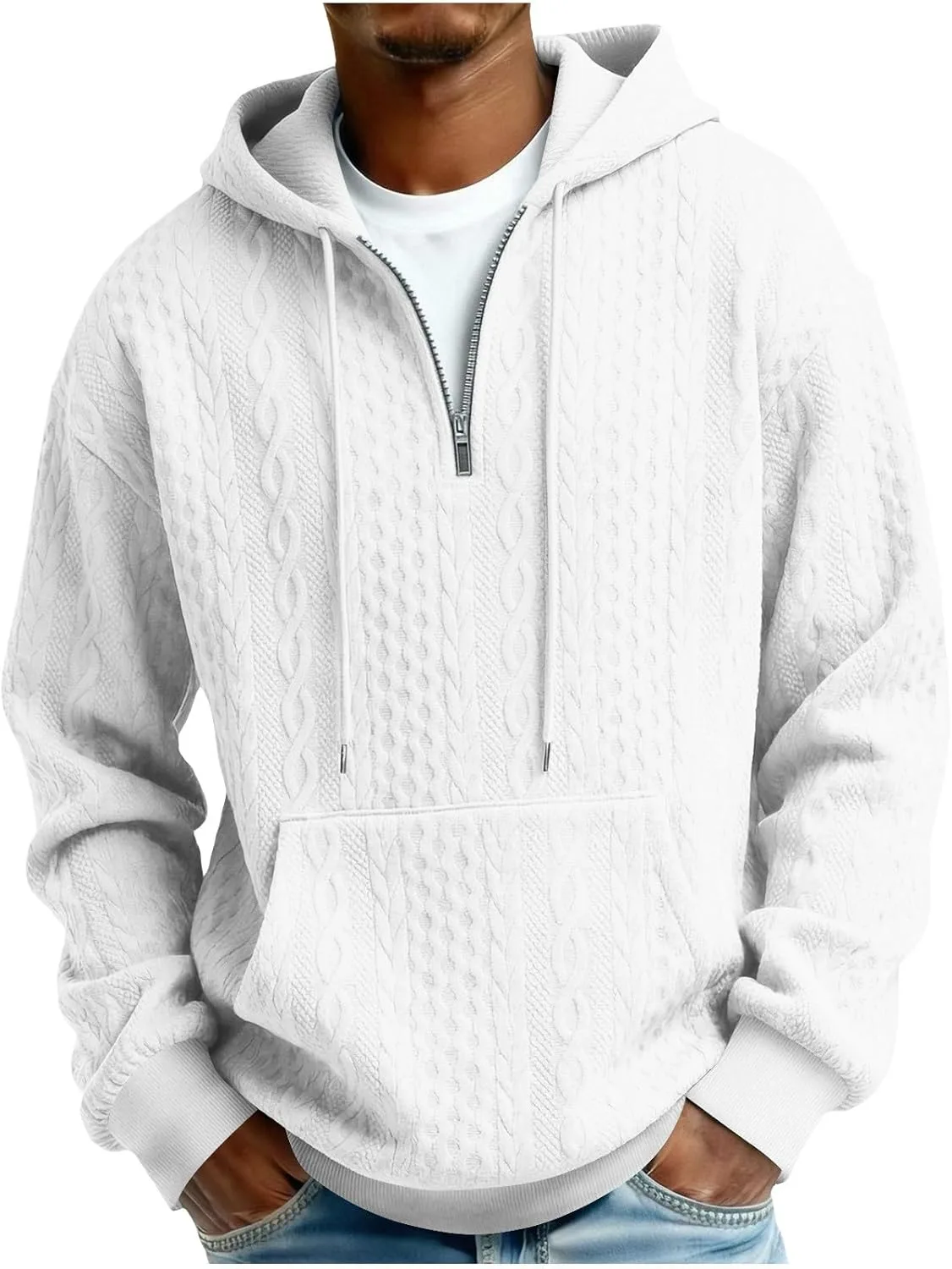 

Мужская толстовка с капюшоном и четвертью молнии Casual, текстурированная вязка, свободный крой ABABC