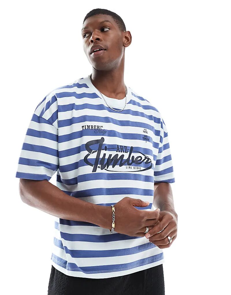 

Футболка свободного кроя ASOS DESIGN с заниженной линией плеч, полосатая, с принтом на спине в сине-белых тонах