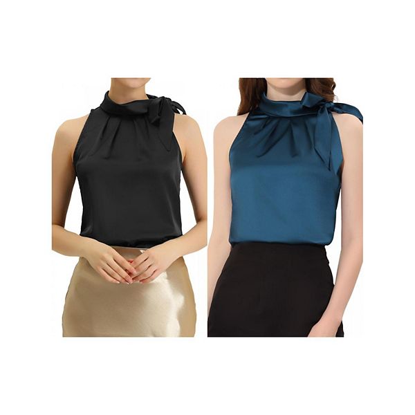 

2 упаковки женской элегантной блузки с атласным бантом и воротником-стойкой Inspire Chic, Peacock Blue Black