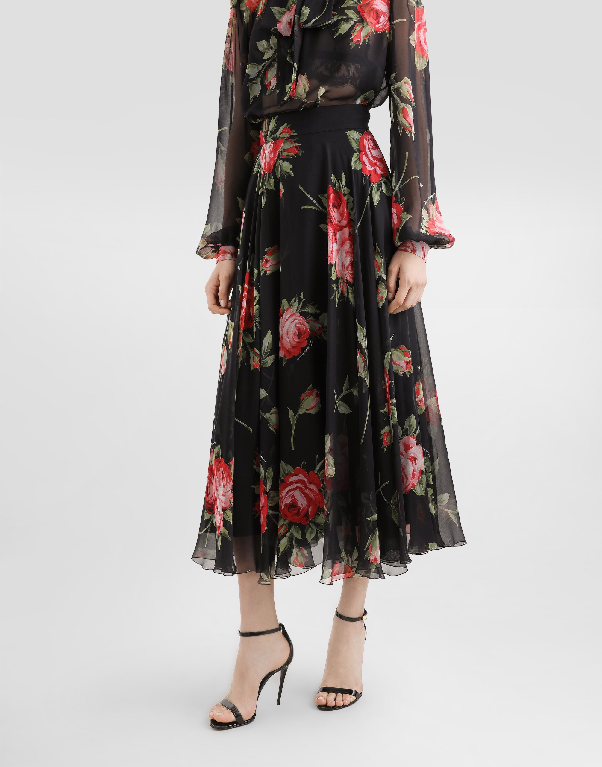 Шифоновая юбка-солнце с принтом "букет роз" DOLCE & GABBANA, мультиколор — фото 4