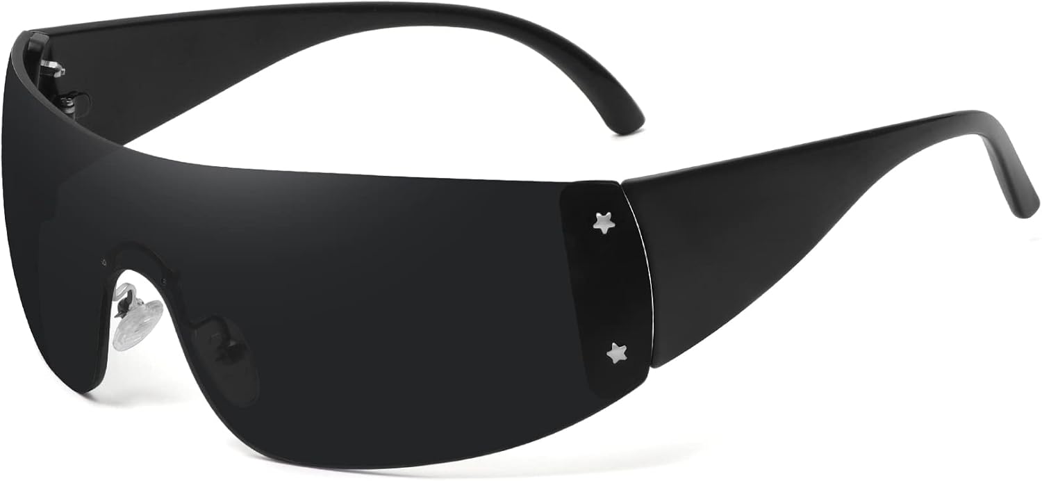 

Модные солнцезащитные очки без оправы Star Y2K для женщин и мужчин, модель Shield, увеличенного размера, обтекаемой формы, без оправы, защита от УФ-излучения UV400 Fozono, Black