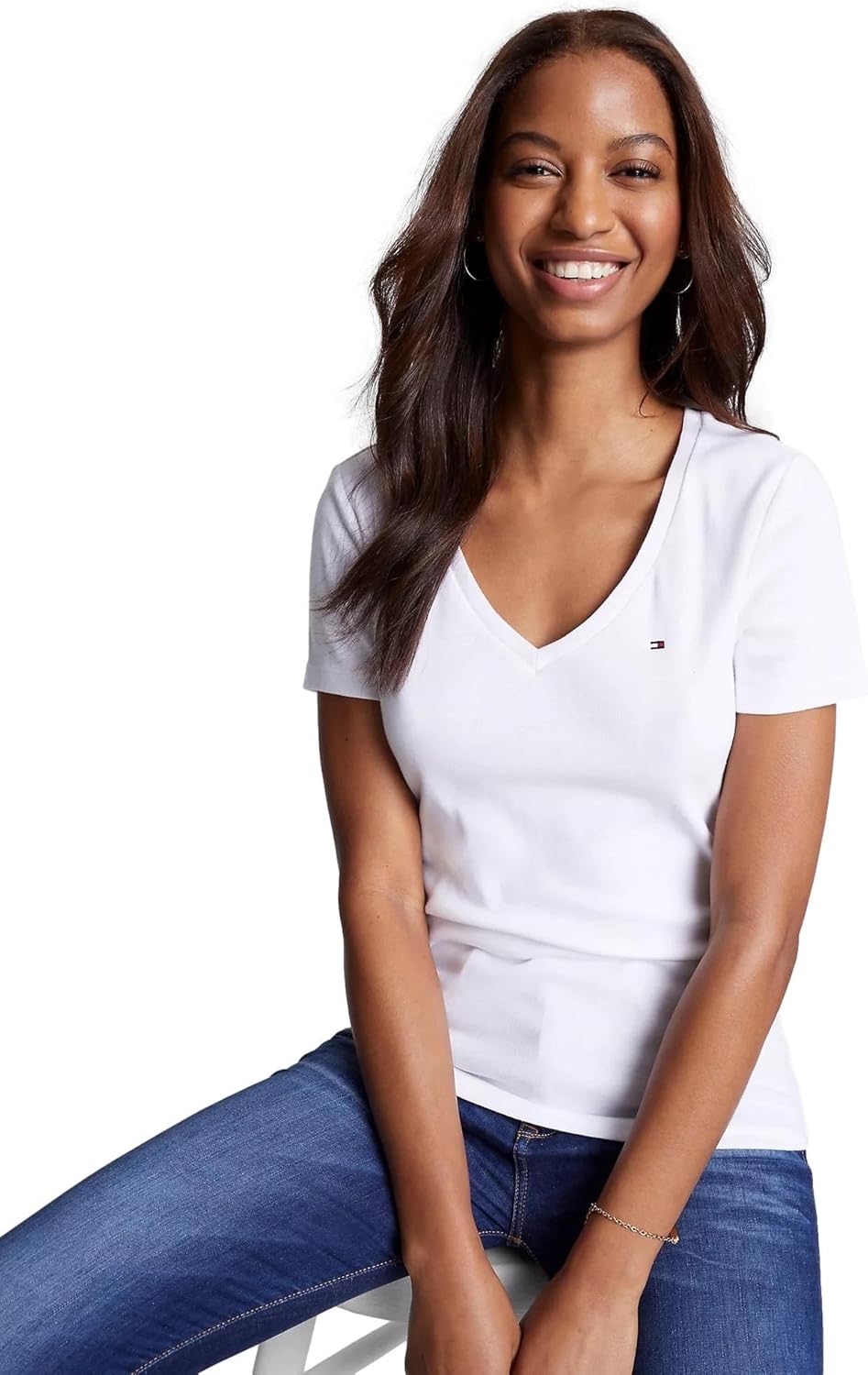 Футболка Tommy Hilfiger с коротким рукавом и V-образным вырезом Solid Cotton, оптический белый — фото 3