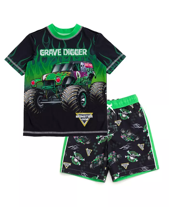 

Детский комплект для плавания: худи-рашгард и шорты Boys Pullover Rash Guard and Swim Trunks Outfit Set Monster Jam, зеленый