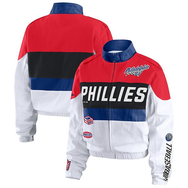 

Женская красная/белая куртка philadelphia phillies racing на молнии Wear By Erin Andrews