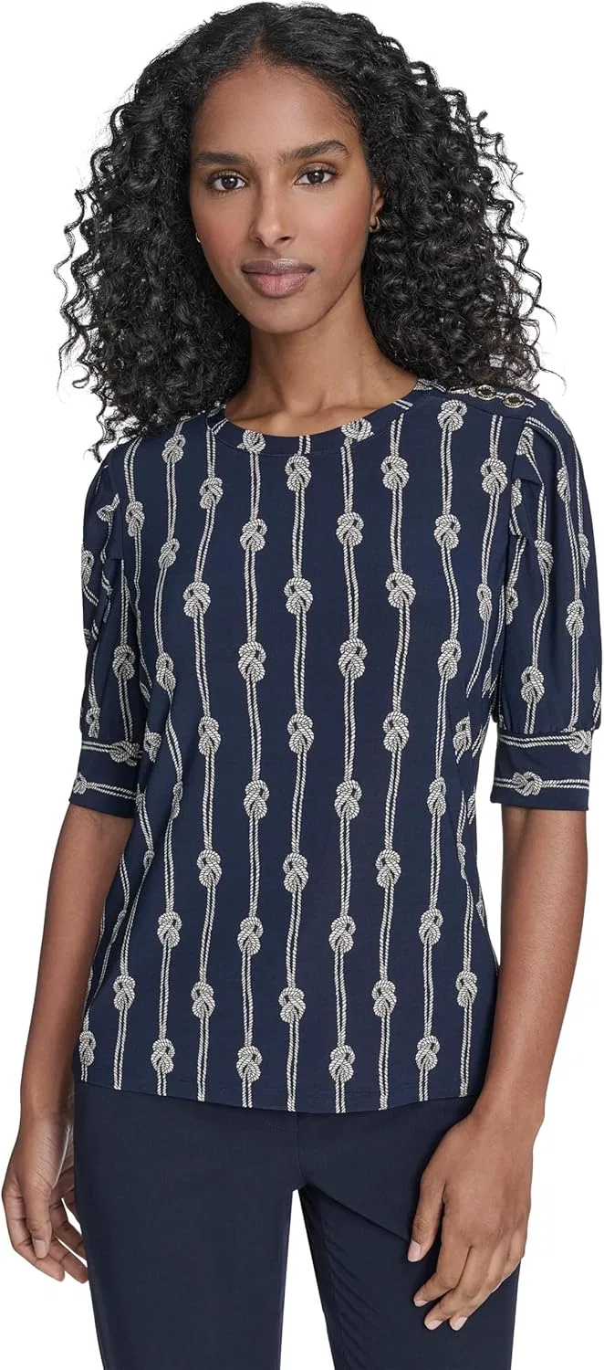 Блуза с пышным рукавом Puff Sleeve Knit Top, Tommy Hilfiger, темно-синий мульти