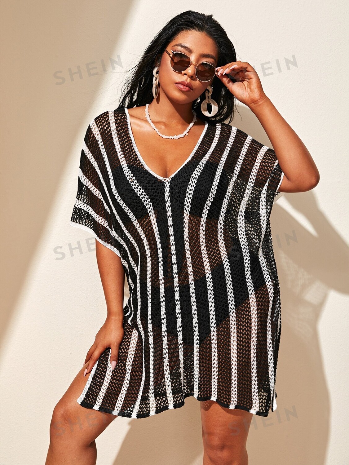 

Полосатое накидка Swim Curve размера плюс Shein, черно-белый