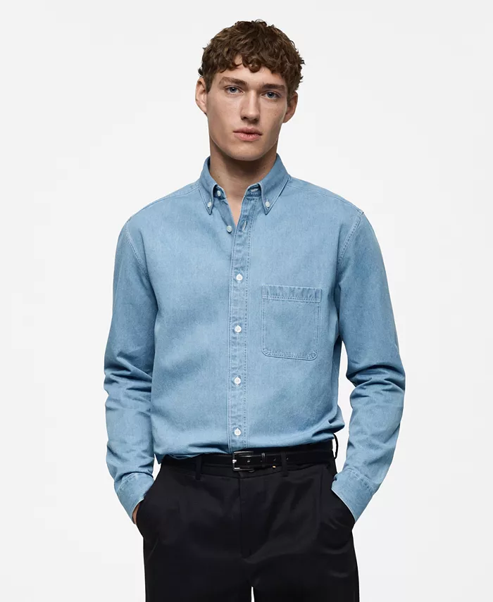 

Мужская джимовая рубашка с карманом Slim-Fit MANGO, синий