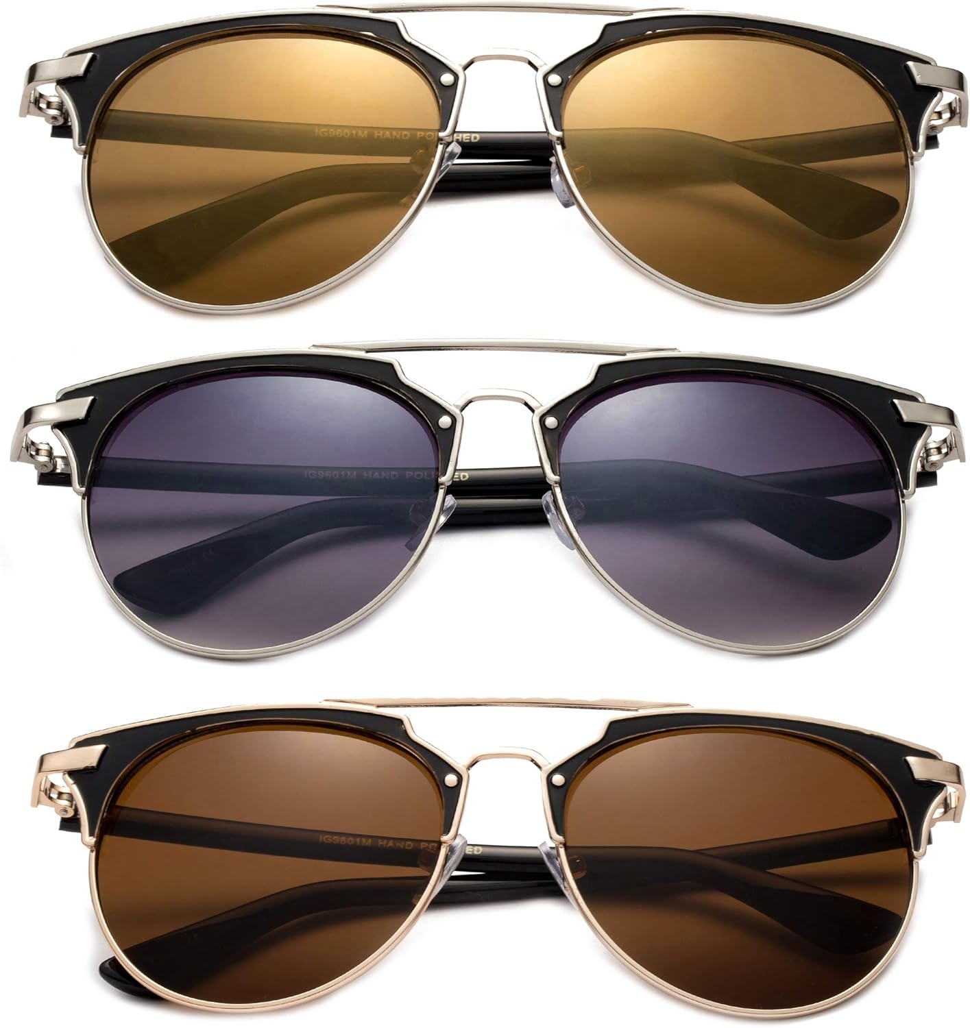 

Набор из 3 двухцветных круглых солнцезащитных очков-авиаторов в металлической оправе с двойной перемычкой для женщин и мужчин Newbee Fashion, 3 Pack Smoke, Dark Brown & Brown