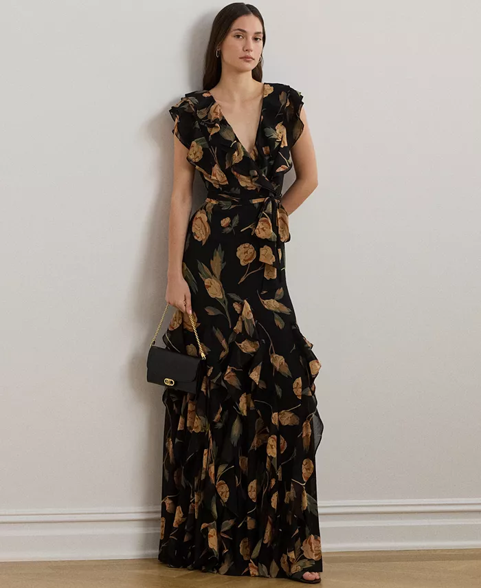 

Женское платье из жоржета с цветочным принтом и рюшами Lauren Ralph Lauren, черный