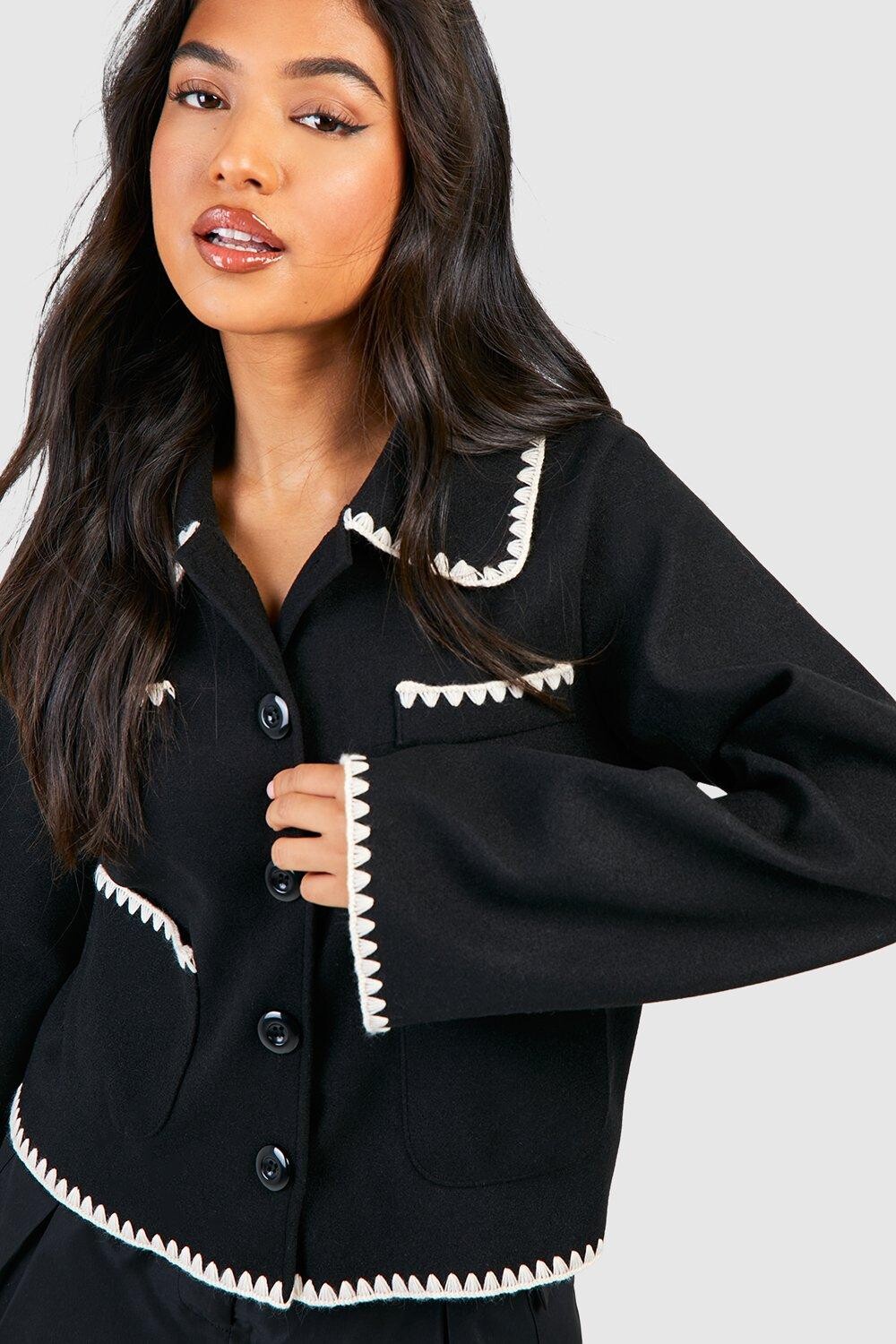 

Шерстяная куртка Petite с контрастной строчкой и карманами boohoo, черный