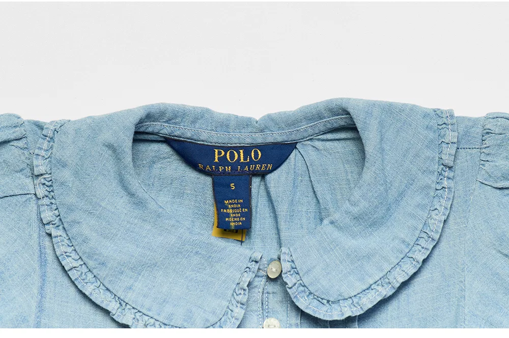 Женская блузка-рубашка Chambray с рюшами синего цвета от Polo Ralph Lauren Children — фото 4
