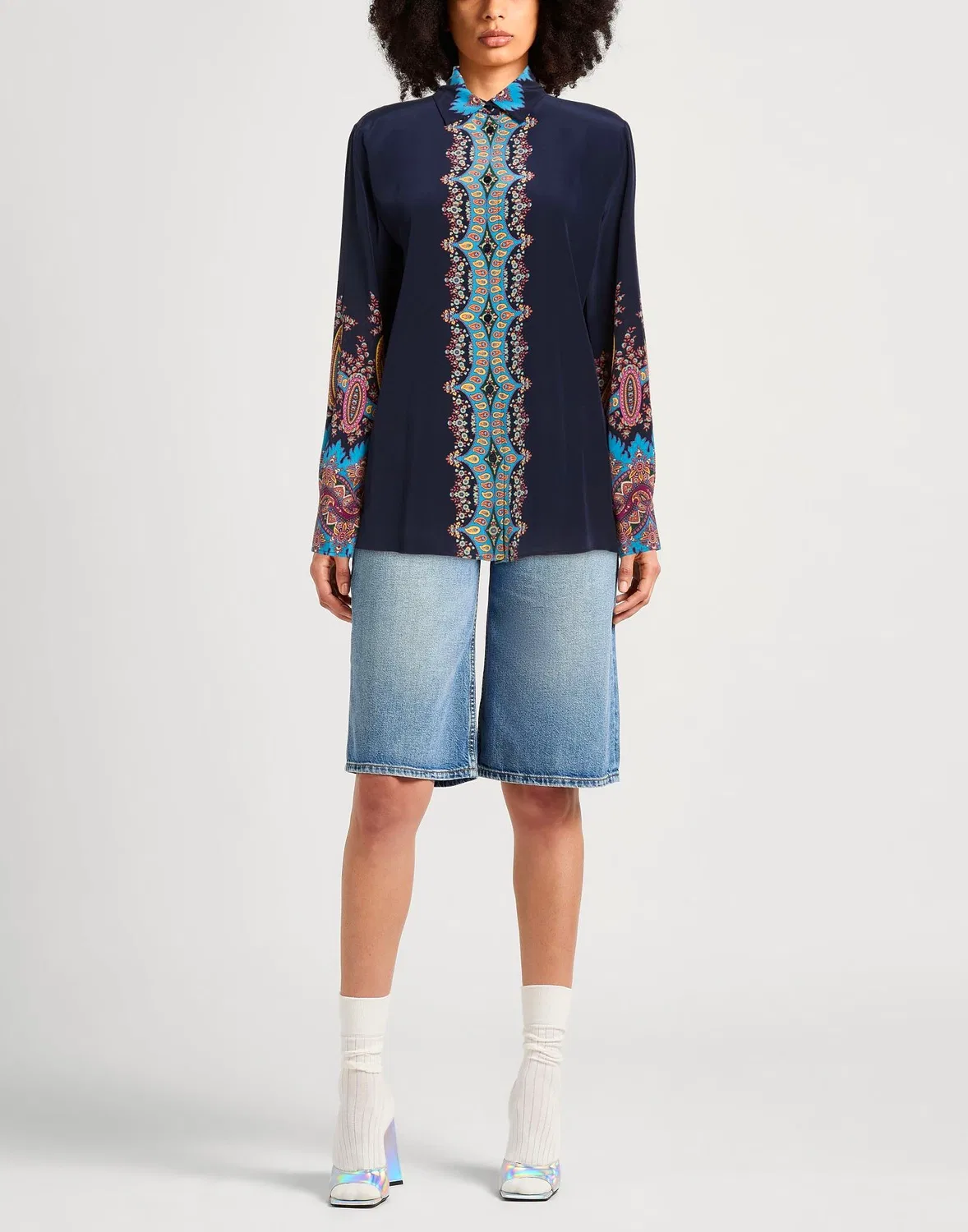 Рубашка из атласа ETRO Midnight blue — фото 2