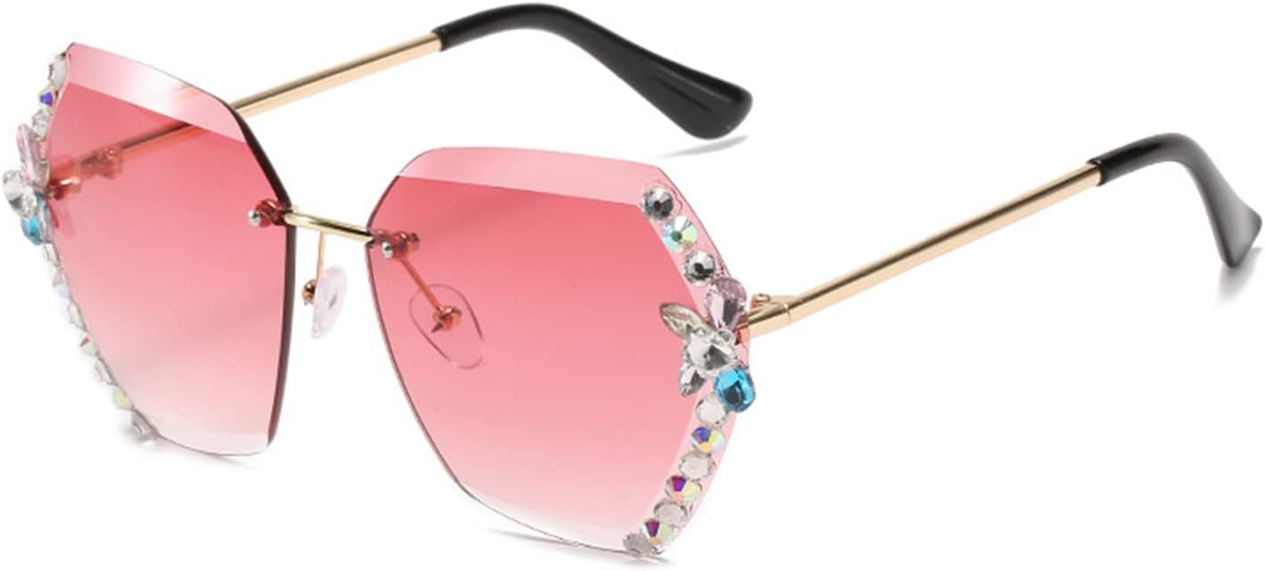 

Солнцезащитные очки Willochra для женщин без оправы с бриллиантами, увеличенные солнцезащитные очки без оправы с градиентными линзами с алмазной огранкой и защитой от УФ-излучения, Pink
