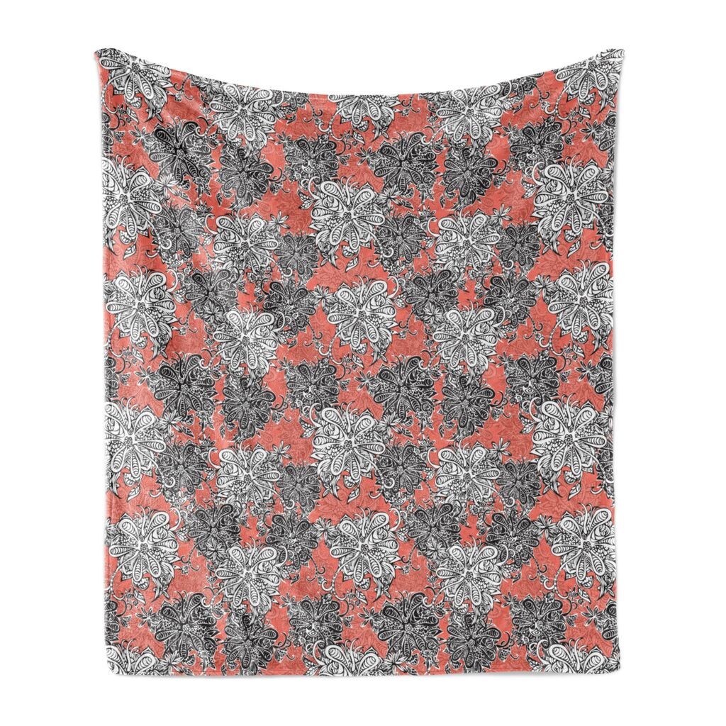 

Мягкое фланелевое флисовое одеяло ABAKUHAUS Flowers, монохромный цветочный эскиз в винтажном стиле в стиле восточного искусства, 175 x 230 см, кораллово-белый и темно-серый