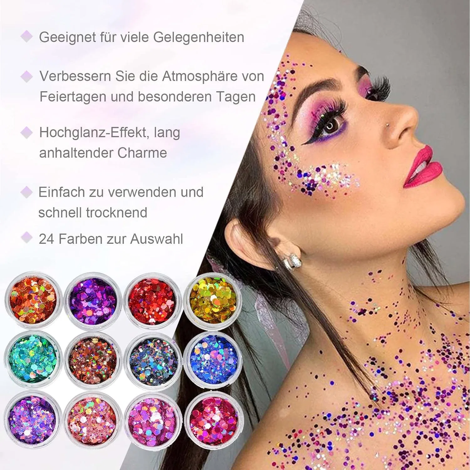 Набор из 24 цветов глиттера для лица и тела Festival Glitter Face с гелем и кистью Clawrex — фото 2