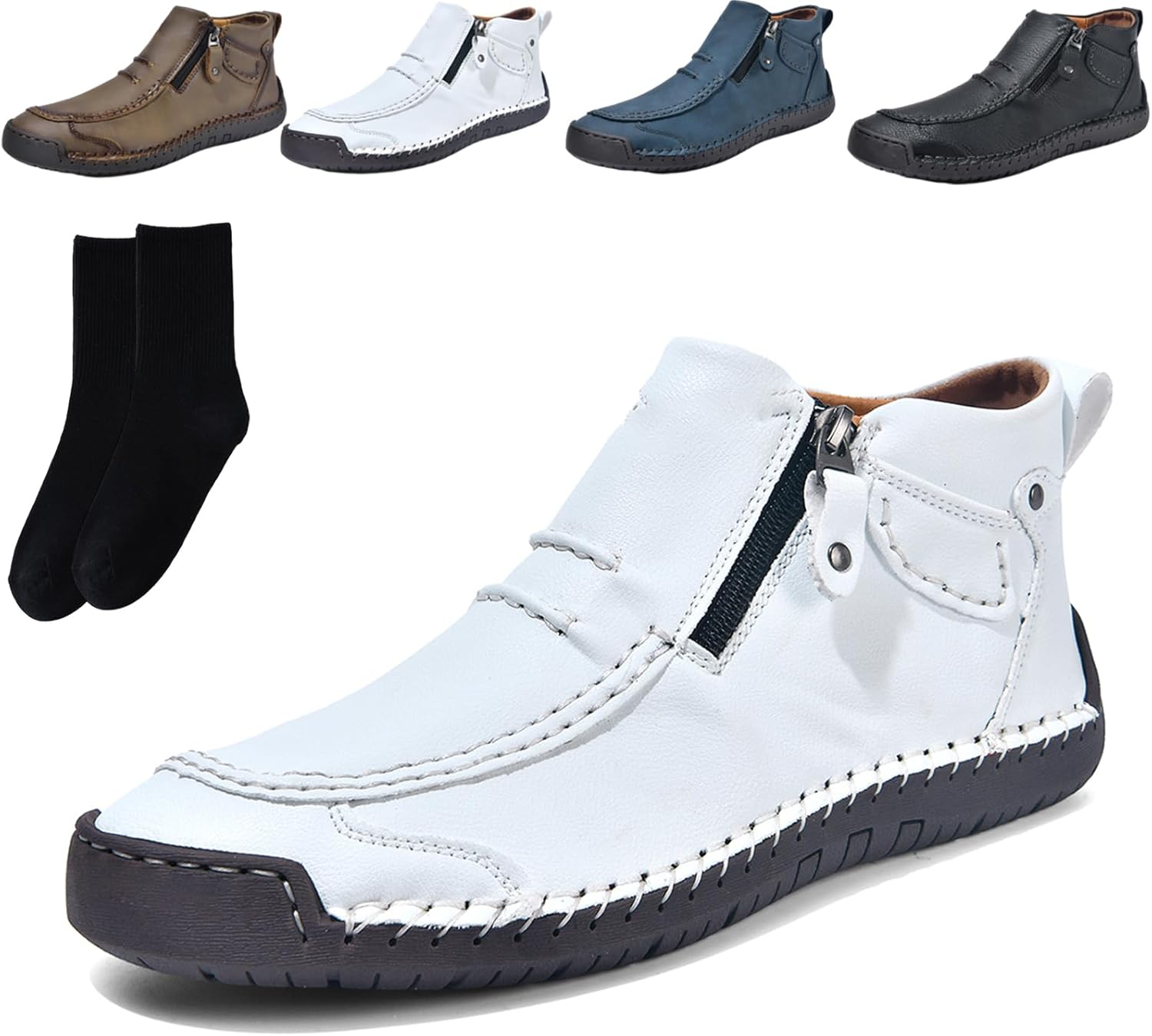 

Мужские ортопедические кожаные ботинки XYLAWAVE с боковой молнией, слипоны, ручная работа, винтажные мужские лоферы из искусственной кожи, обувь для вождения, повседневные удобные ботинки до щиколотки с противоскользящей подошвой, белый