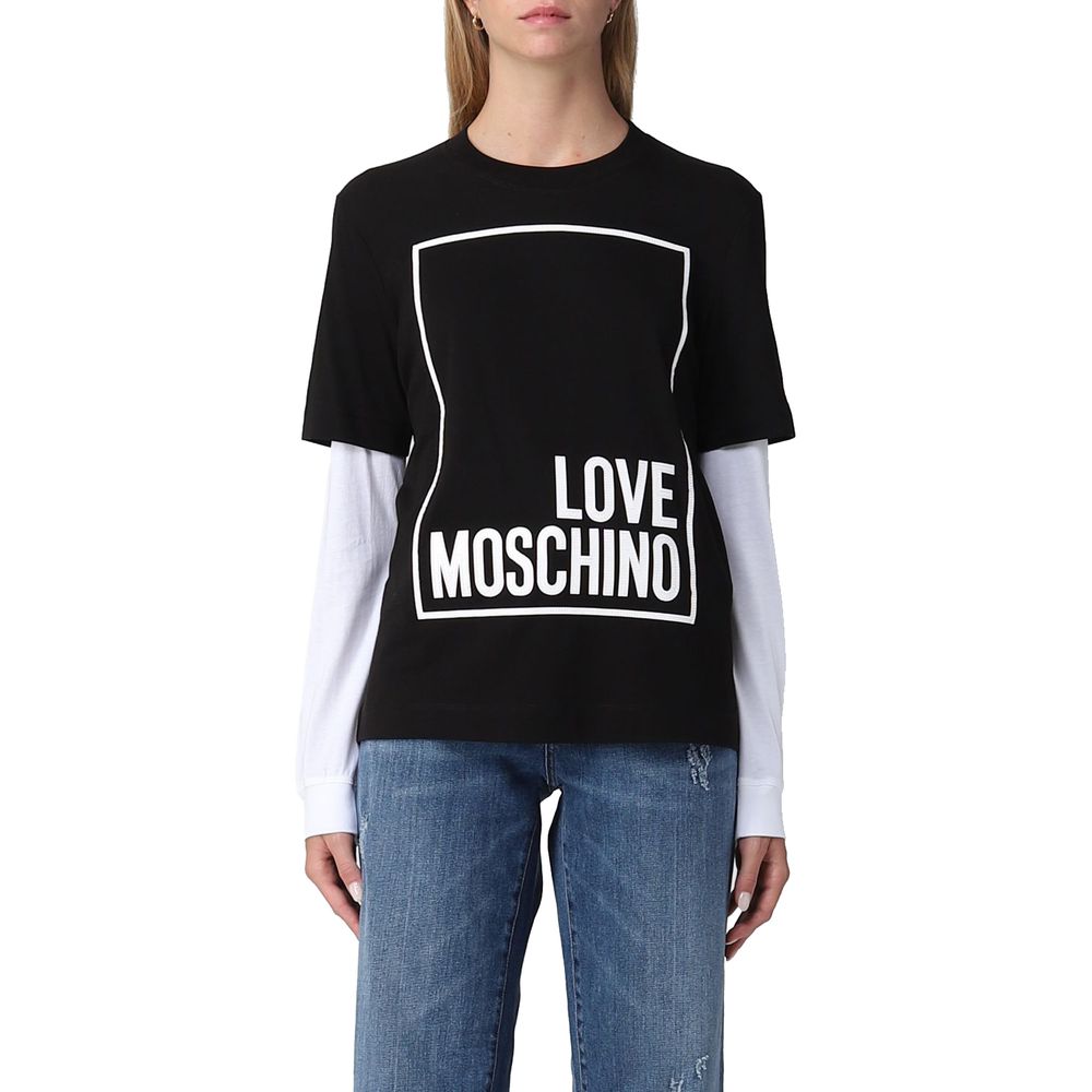 

Элегантная черная хлопковая футболка с логотипом из искусственной кожи LOVE MOSCHINO