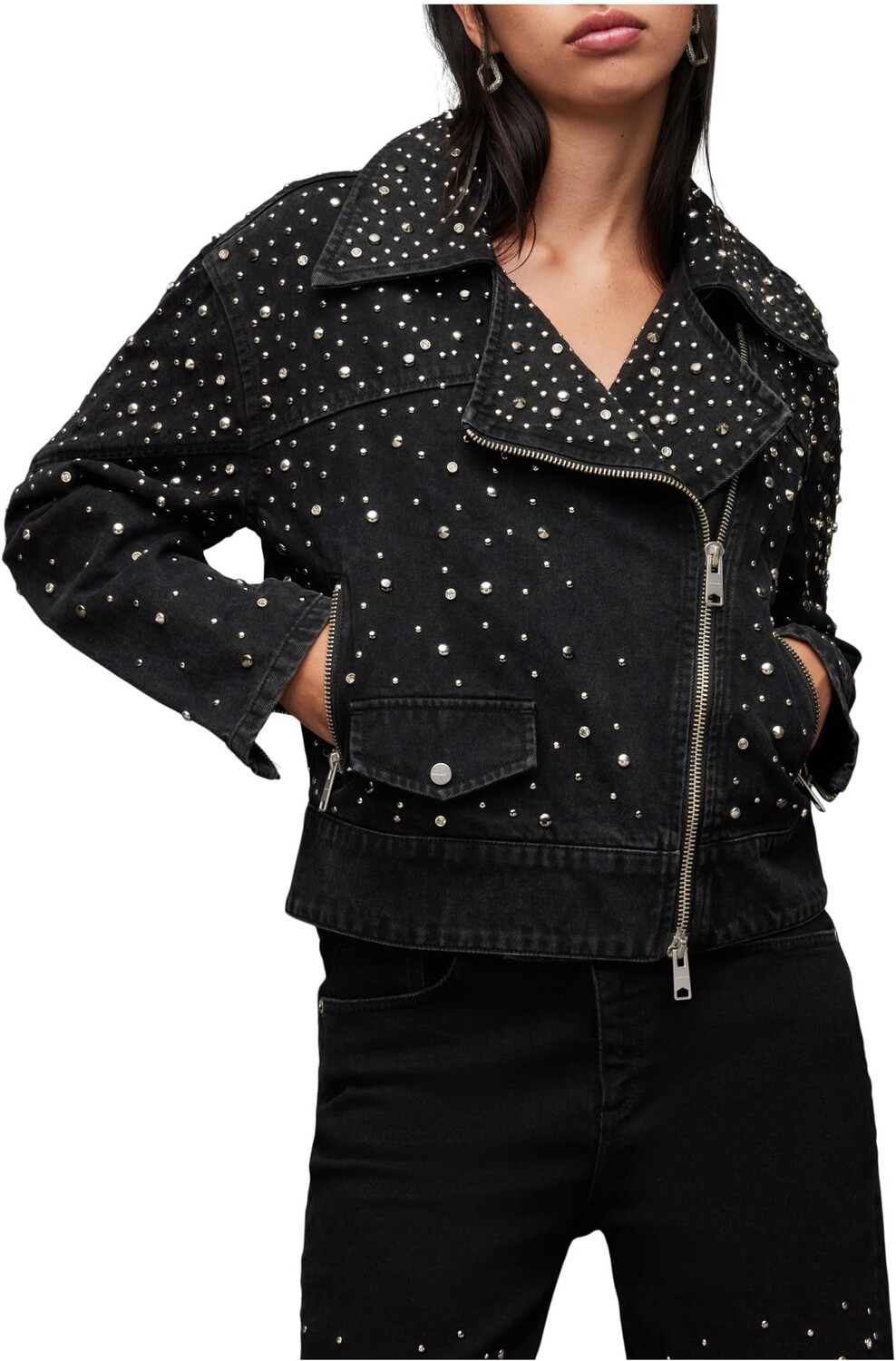 

Куртка AllSaints Eve Studded Denim Jacket, цвет Washed Black