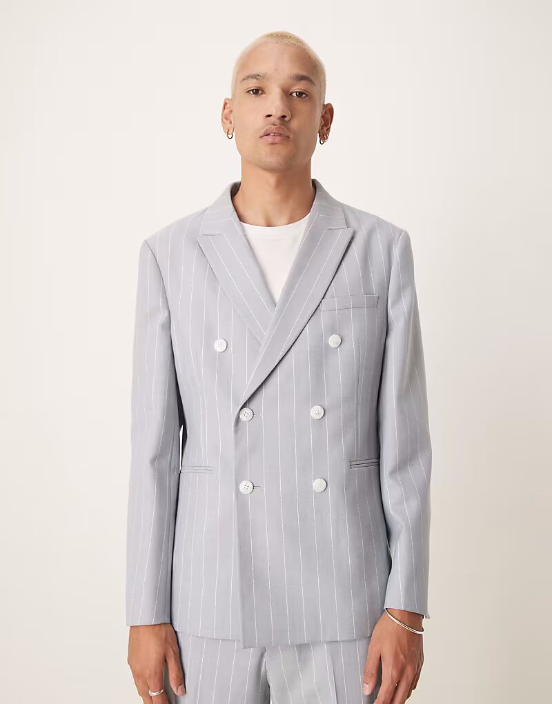 

Тонкий пиджак со льном в синюю тонкую полоску Asos Design