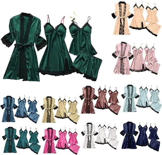 Комплект пижамы из 4 предметов, шелк, Army Green