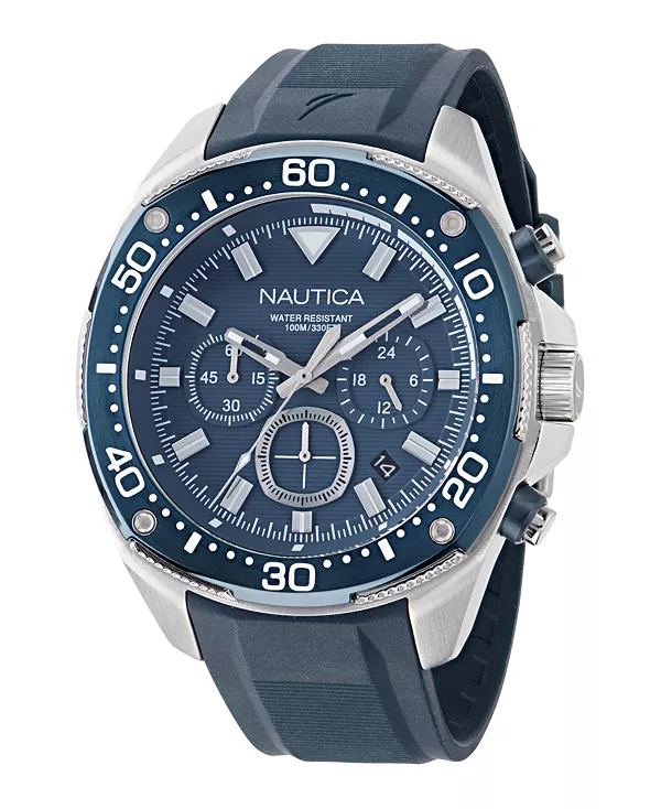 

Мужские часы-хронограф с синим силиконовым ремешком, 46 мм Nautica, blue