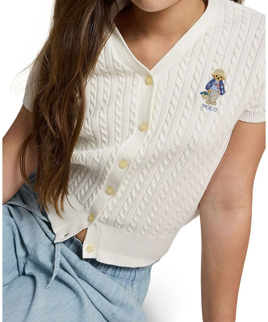 Кардиган Polo Bear с V-образным вырезом и косами для девочек 7-16 лет Polo Ralph Lauren, deckwash белый — фото 4