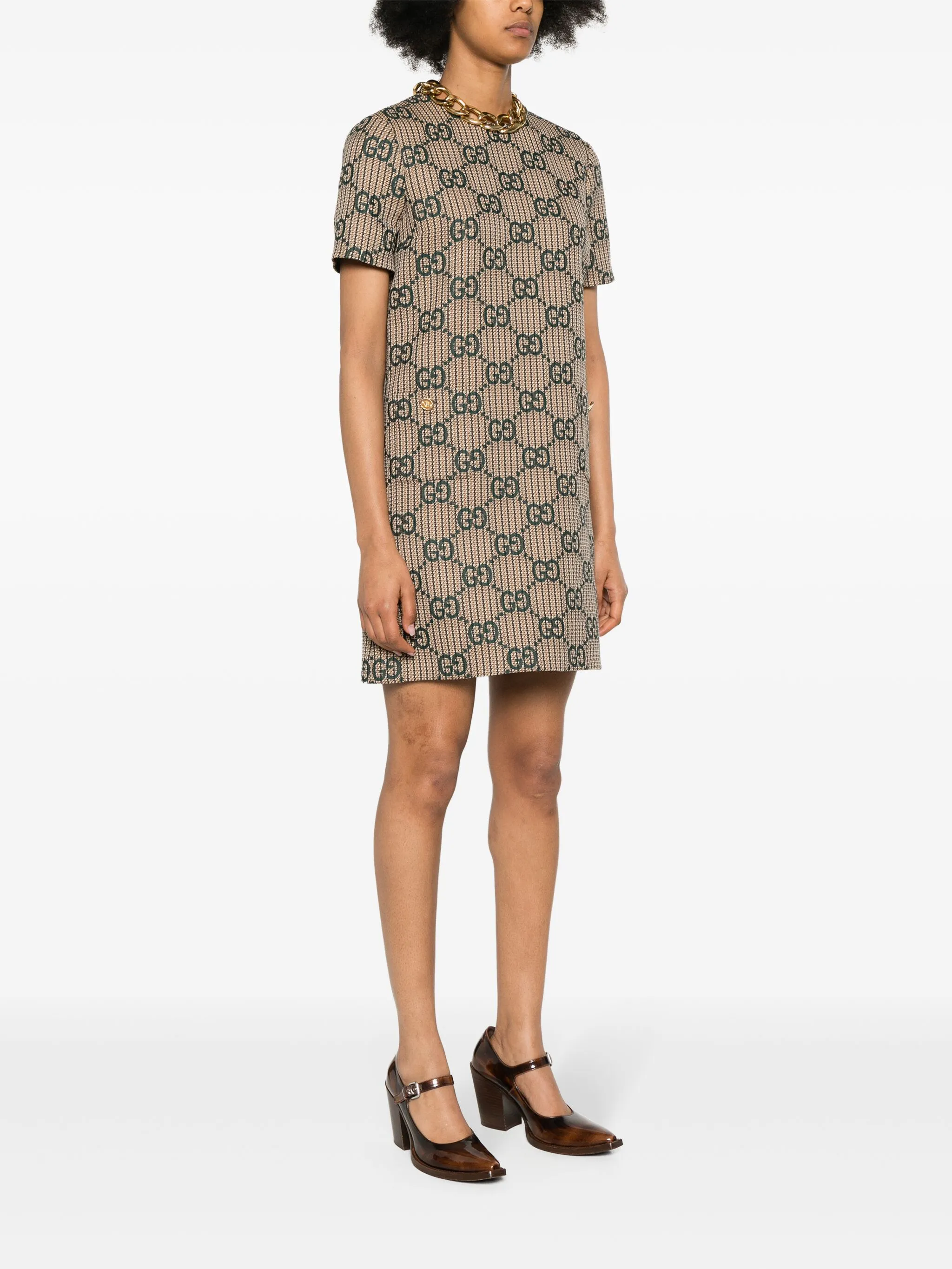 Платье с жаккардовым логотипом GG Gucci, коричневый/зеленый — фото 3