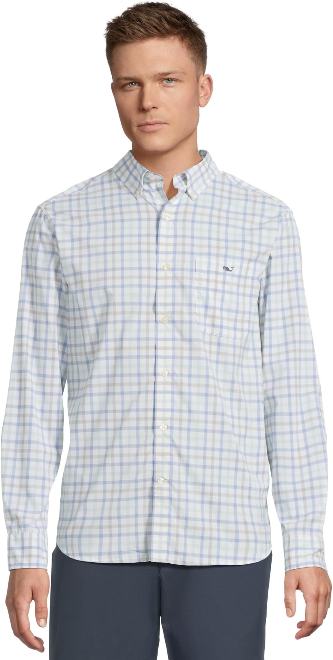 

Рубашка Vineyard Vines Wayward Tattersall Featherweight Performance Shirt, цвет Aqua Haze