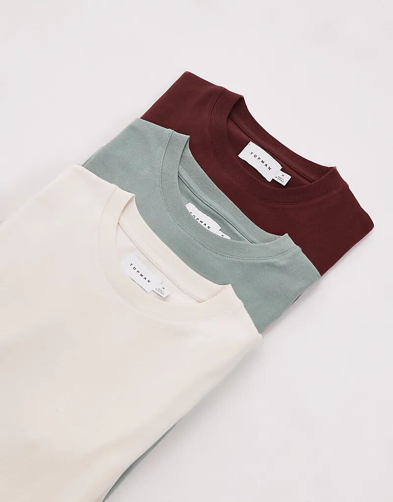 

Комплект из 3 футболок Topman стандартного кроя в цветах экрю, шалфей и коричневый