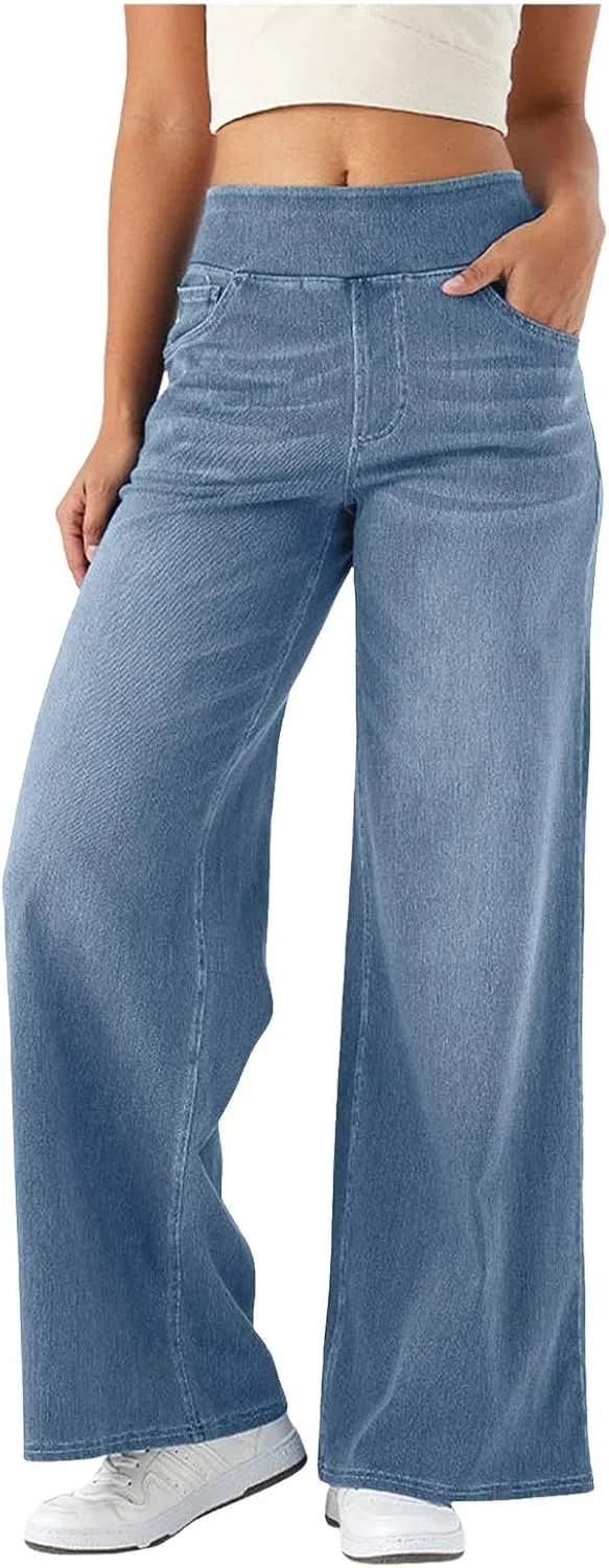 Джинсы женские широкие, High Waisted, с карманами, синие