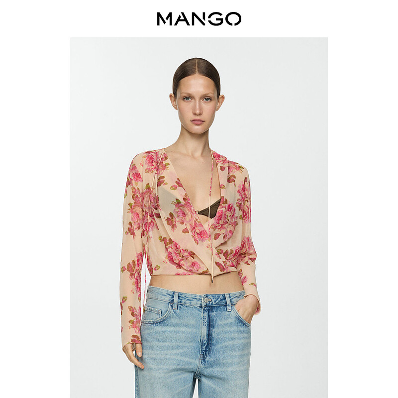 

Женская рубашка Mango с принтом и шнуровкой, светло-бежевый