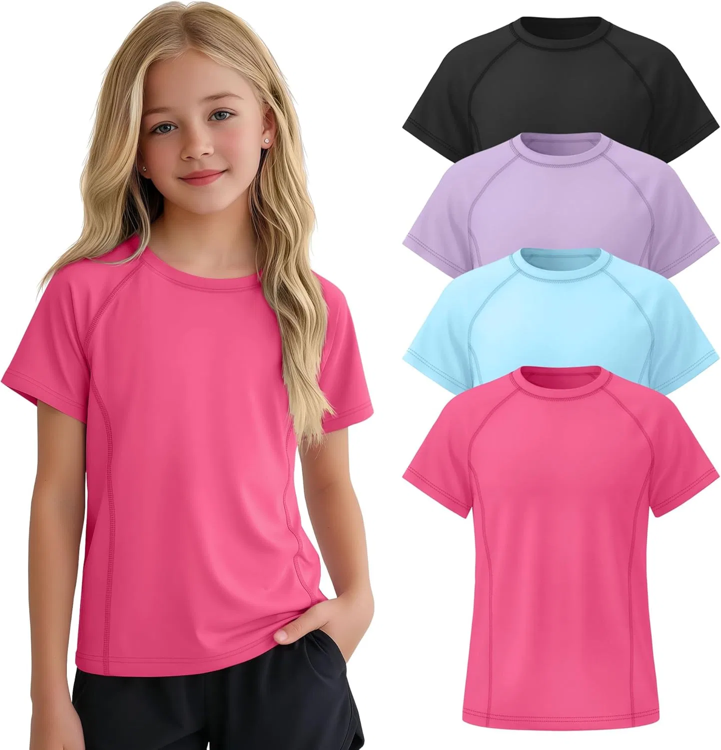 Комплект детских футболок для активного отдыха 4 шт, LessonZoo, Rose Red, Light Blue, Taro Purple, Black, размеры 5-14 лет